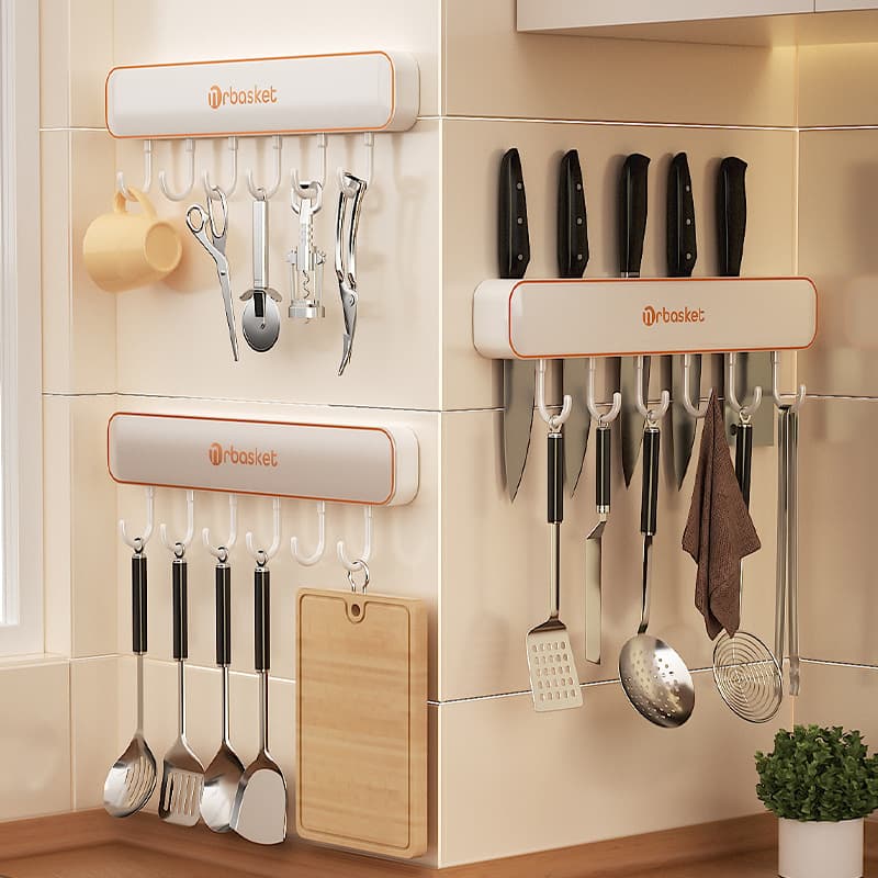Integrated Kitchen Knife Rack Wall Mounted Hook Holder No Drilling Required Multi-Purpose Cooking Utensil Storage Organizer