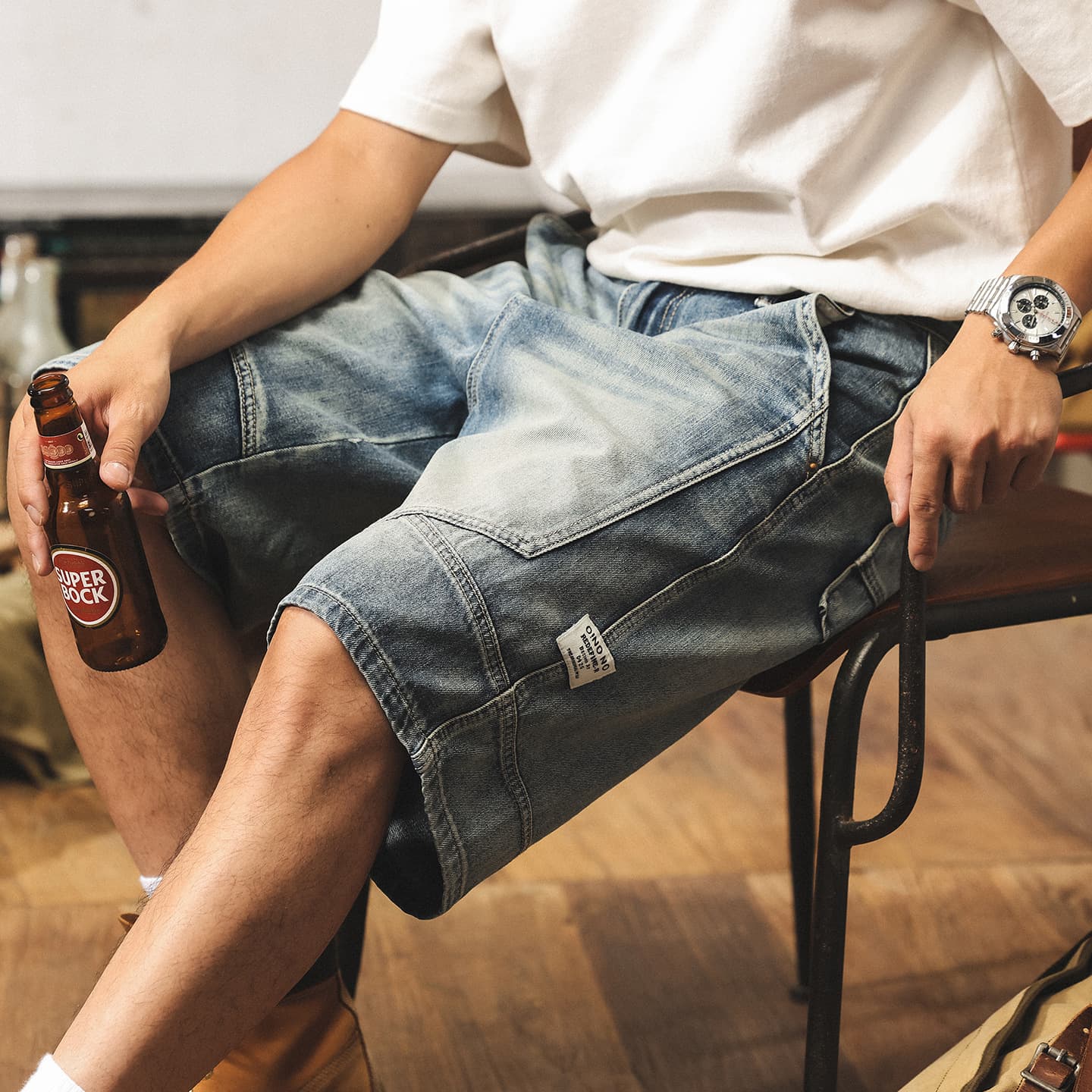 American retro denim shorts for men, 2025 summer new style, patchwork trendy pants, loose straight leg, five-point mid-length shorts.