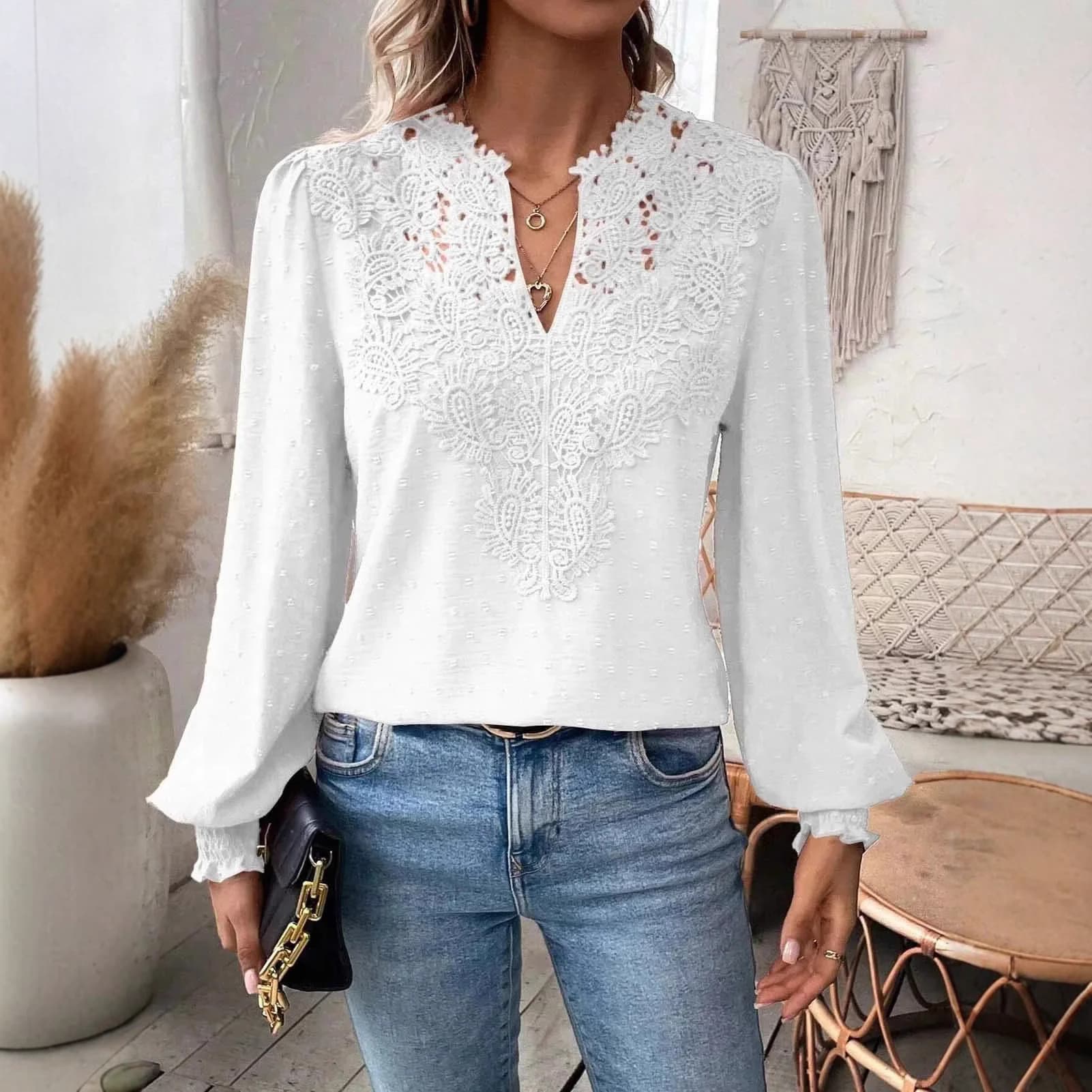 2024 European and American Amazon Cross-border Autumn Winter New Fashion V-neck Lace Solid Color Long Sleeve Casual T Women's Top