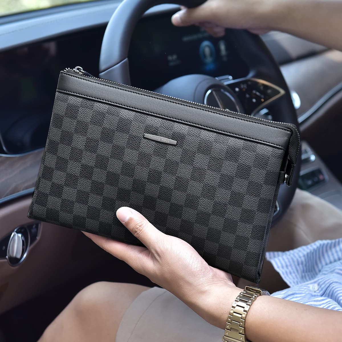 Men's Clutch Bag New Genuine Leather Casual Fashion Handbag Wallet Plaid Business Large Capacity Clutch Envelope Bag