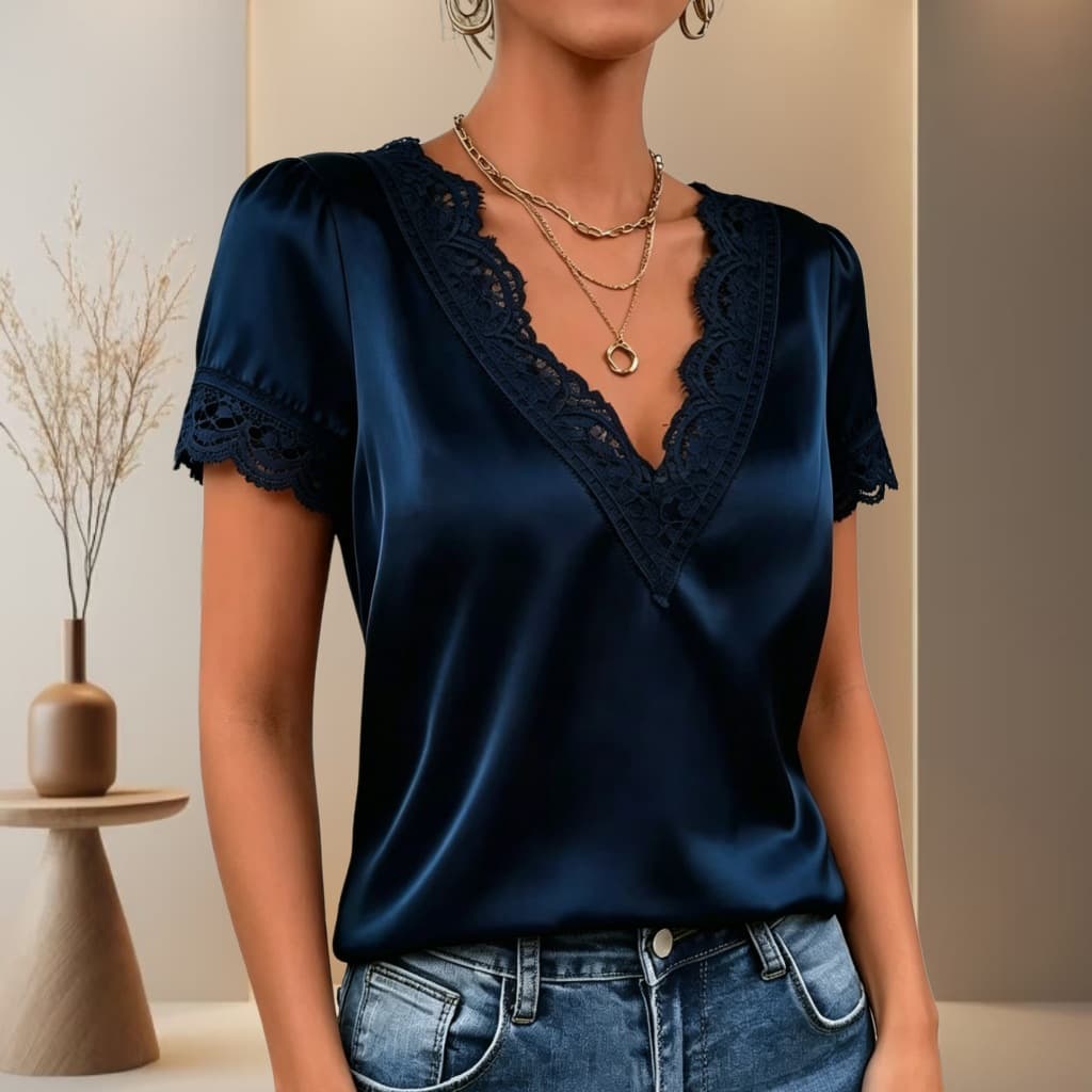 2026 Amazon Cross-Border Independent Station New Satin V-Neck Lace Trim Short Sleeve Elegant Loose Slimming Women's Dress