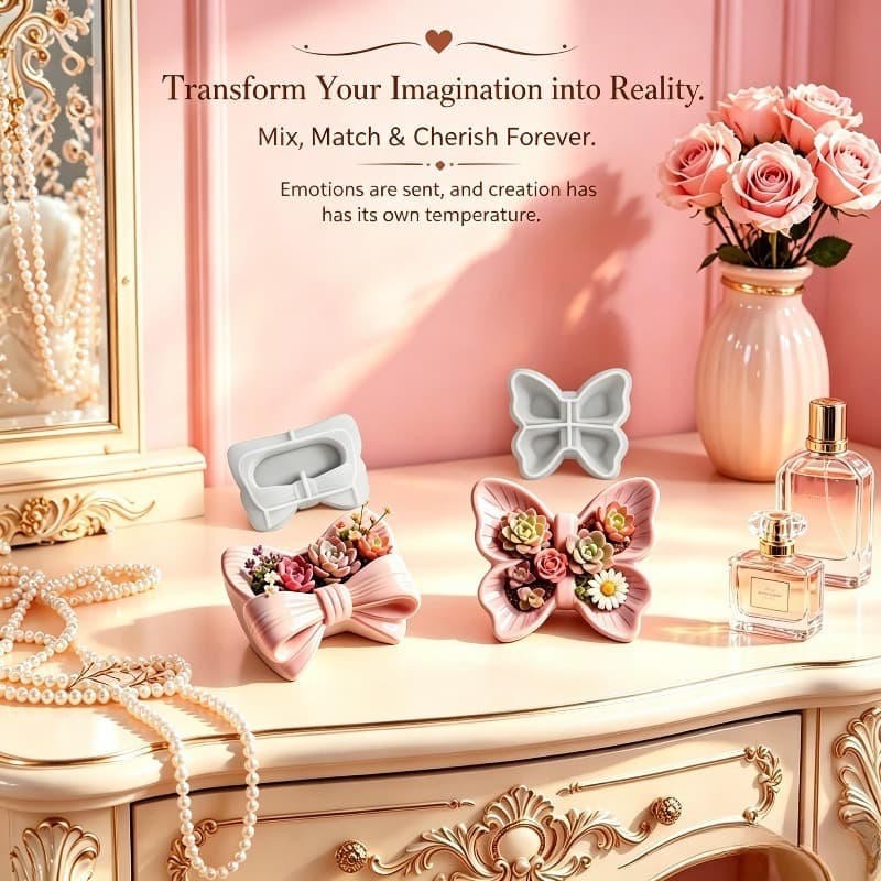 Bow butterfly flower pot two-piece silicone mold set, epoxy gypsum resin storage candlestick ornaments pouring mold