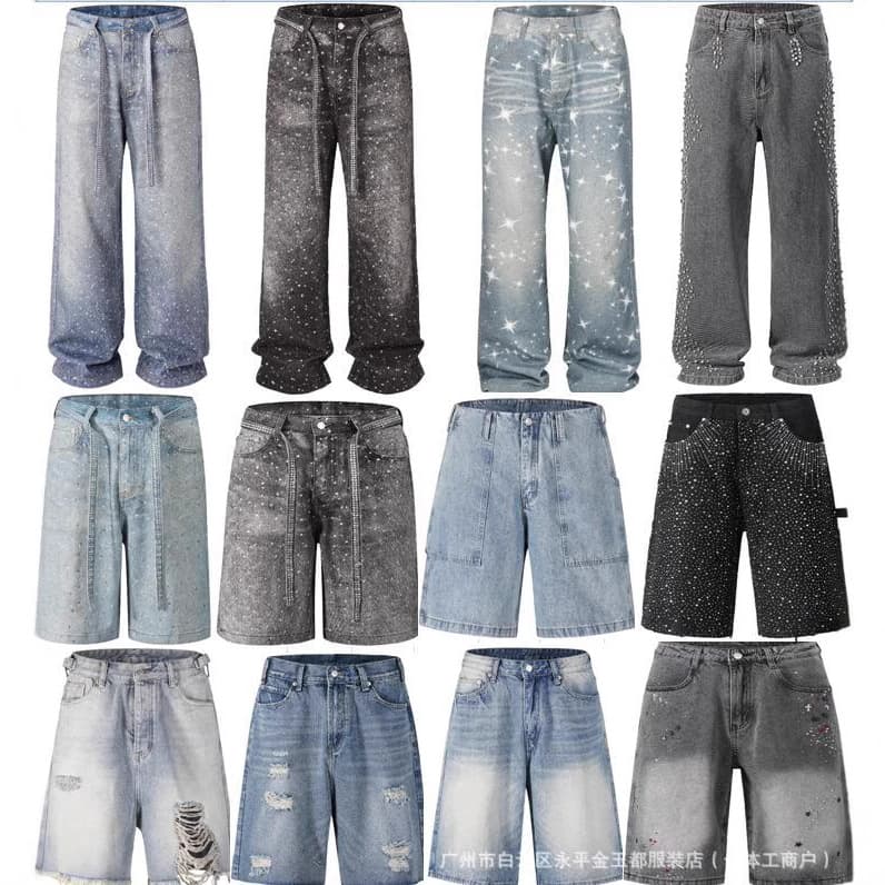 American high-street cross-border ins style washed rhinestone-embellished denim jeans, straight leg, distressed, ripped, denim shorts