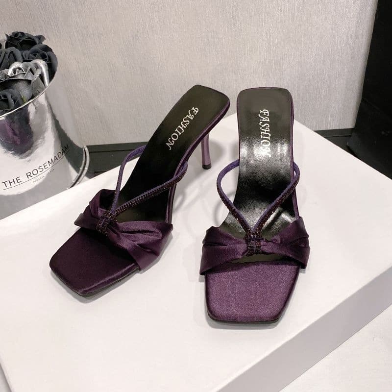 2025 Summer New Purple Satin Rhinestone High Heel Sandals for Women, Butterfly Bow Open Toe One-Strap Sandals for Outdoor Wear