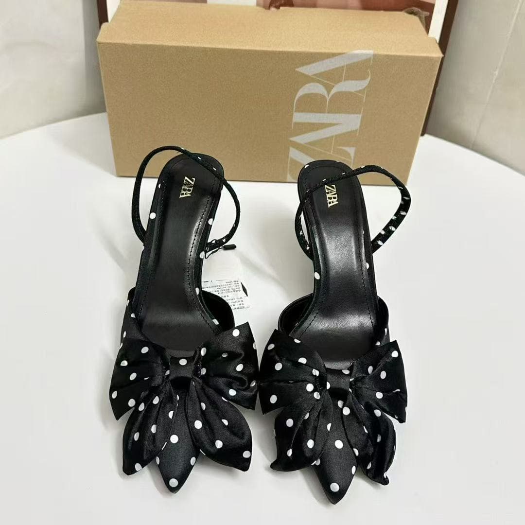 ZA 2025 New Spring Summer Women's Pointed Toe Bow Hollow Sandals Polka Dot Fashion High Heels