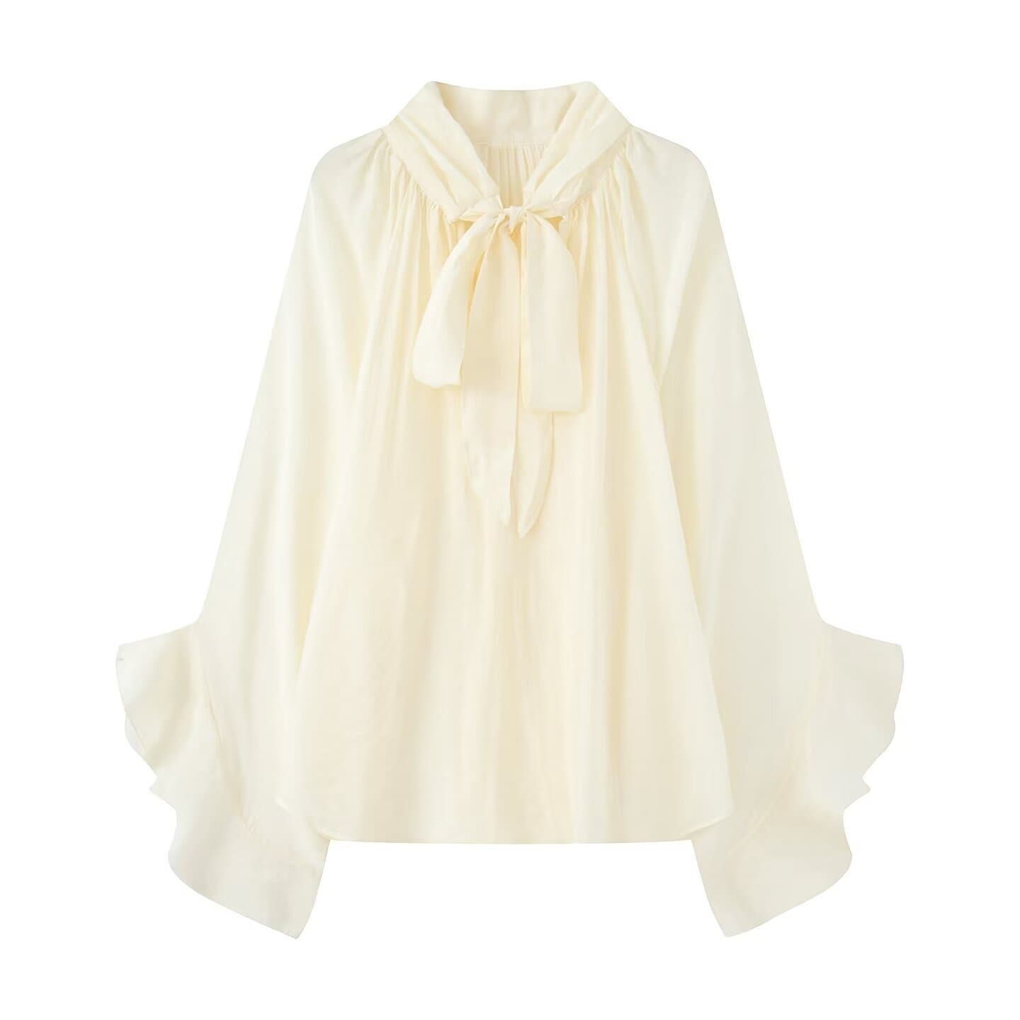 Spring New Women's Top, European and American Style, French Fashion Casual, Tie-Neck Sheer Blouse