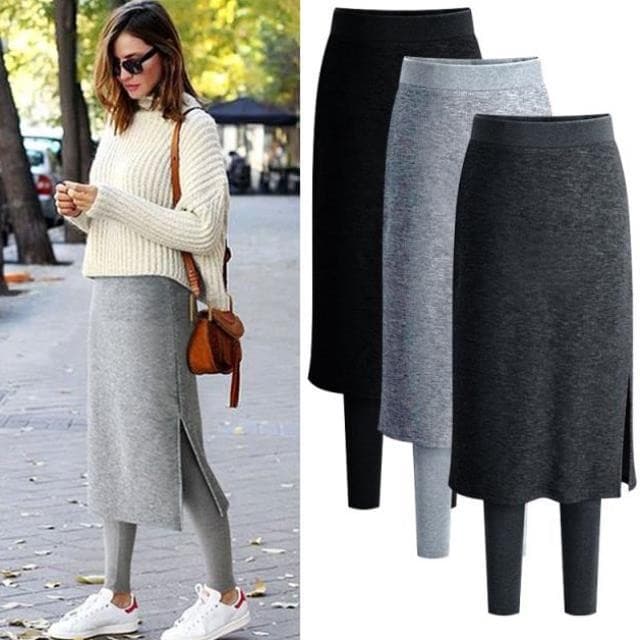 European station large size women's clothing thin style fleece-lined extra thick leggings skirt, faux two-piece one-piece pants, thermal long pants, casual pants.