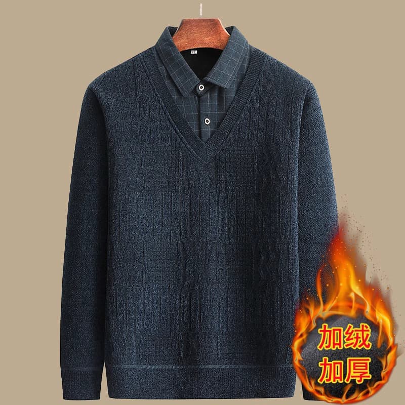 Autumn and Winter New Style Dad Sweater Fleece-Lined Thickened Middle-Aged and Elderly Men's Winter Fake Two-Piece Shirt Collar Knitted Base Layer