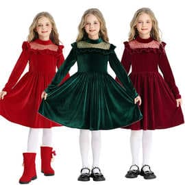 Lotus Leaf Long-Sleeve Princess Dress Christmas Children's Costume Christmas Party Performance Dress Girls Tulle
