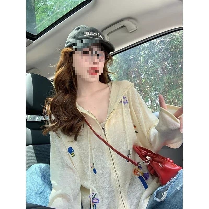 Summer Sun Protection Hooded Jacket with Embroidery Casual Loose Fit Zipper Cardigan for Women
