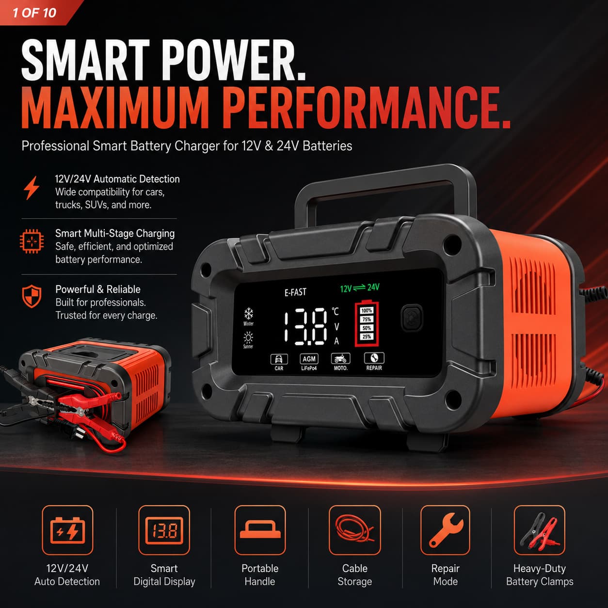 7-Stage 12V24V10A Battery Charger Car Smart Charger Car Motorcycle Battery Charger