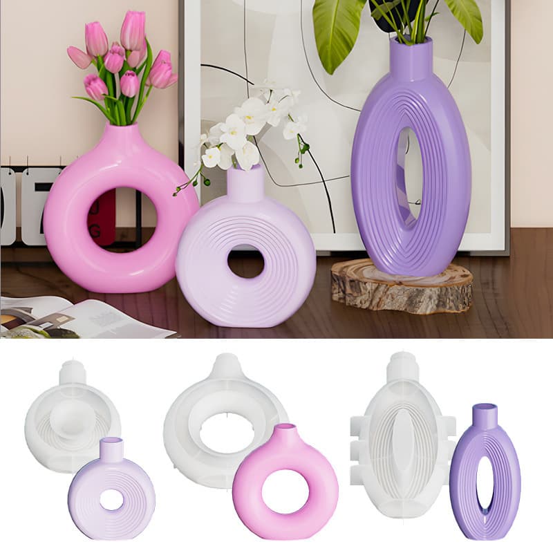 Sweet Nordic Round Vase Silicone Mold Oval Circle Striped Ins Style Large Decorative Donut