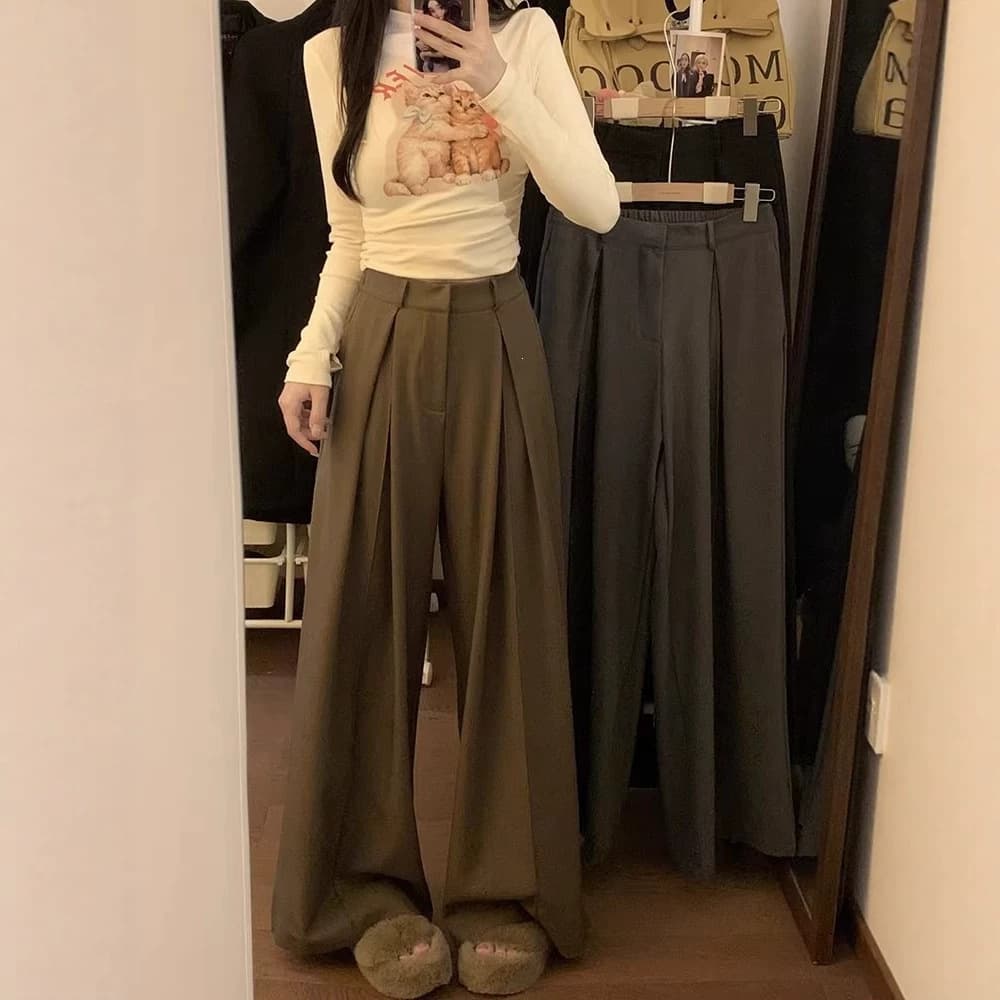 Gray floor-length suit trousers for women 2026 spring and summer new high-waist drape floor-length trousers casual wide-leg long trousers