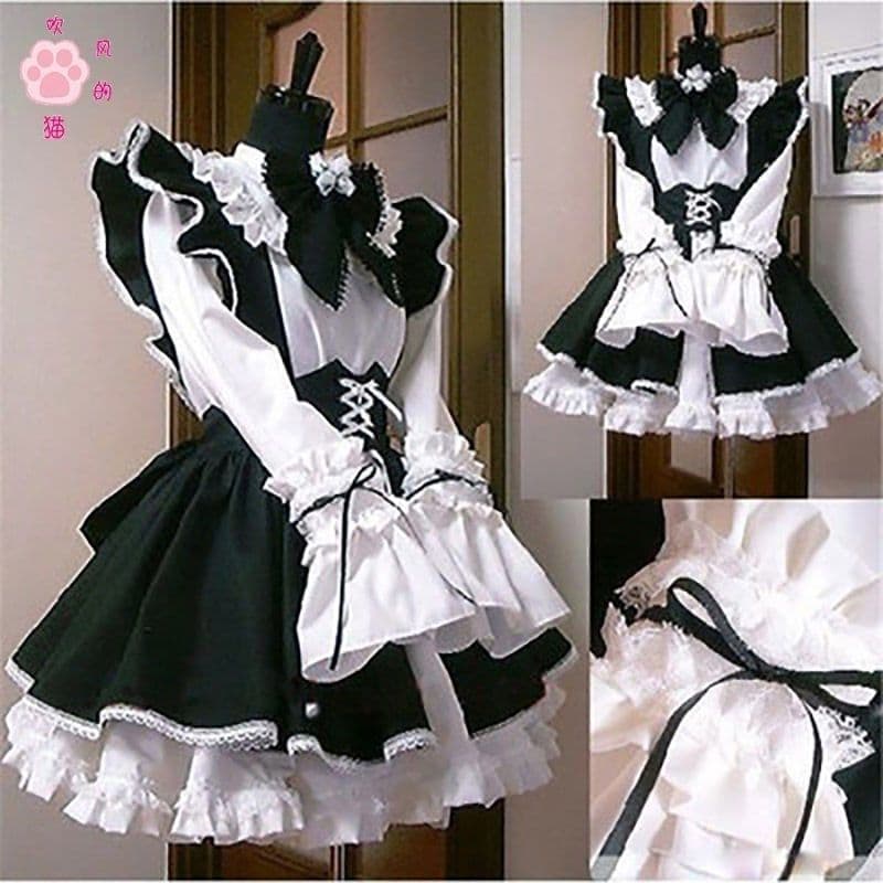 Blowing Cat Daily Cute Maid Costume Japanese Style Female Crossdresser Maid Dress Lolita Full Set Maid Outfit