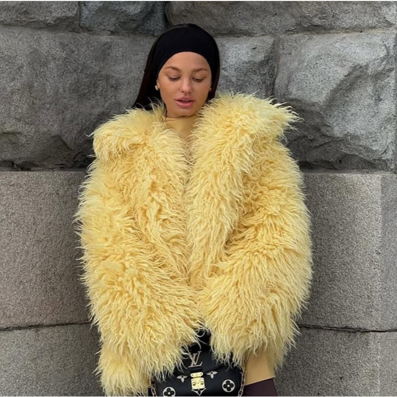 EU/US Autumn/Winter New Yellow Fluffy Jacket Faux Fur Eco Fur Jacket Women's Wear Long Sleeve Top C003