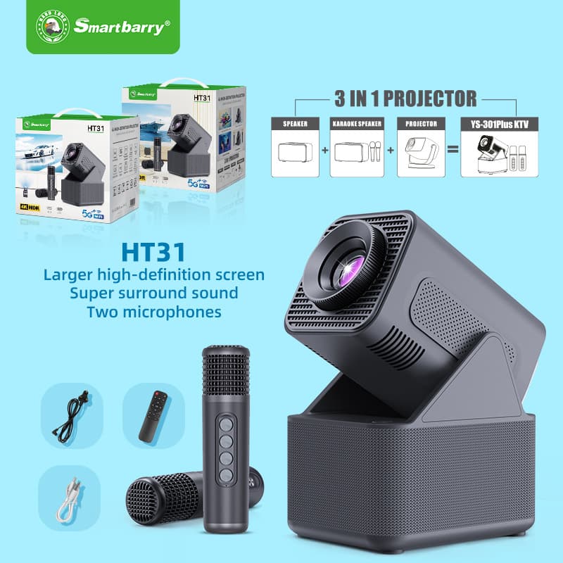 Cross-border Portable 4K HD Dual Microphone Projector HT31 Mini Projector High Lumens Projector