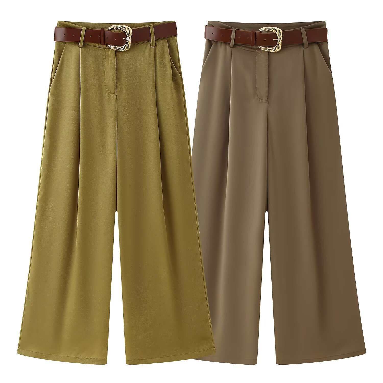 New fashionable silk satin, European and American style straight pants with belt, temperament, summer cross-border casual thin