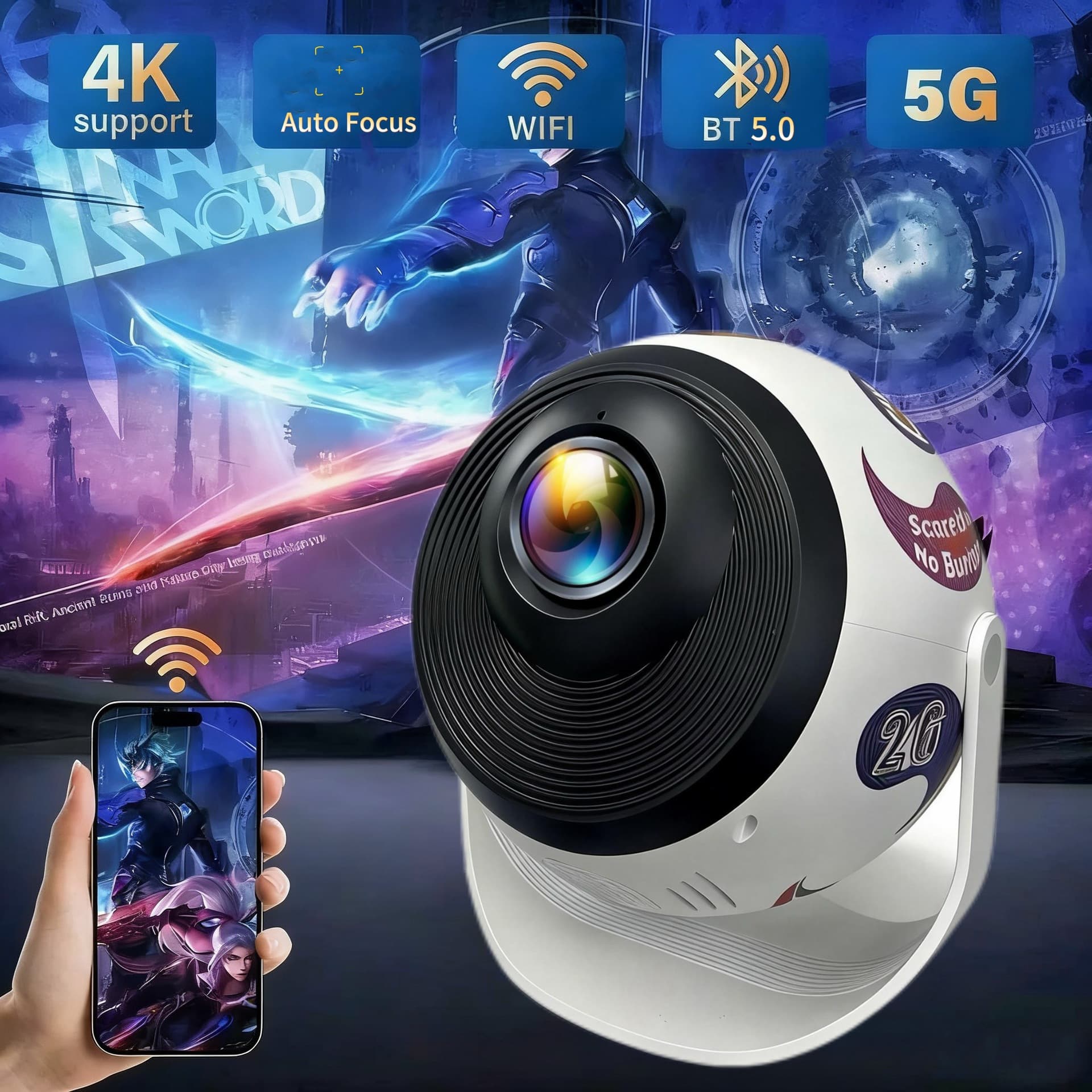 4K Auto Focus Projector, 5G WiFi BT5.0 Mini Projector