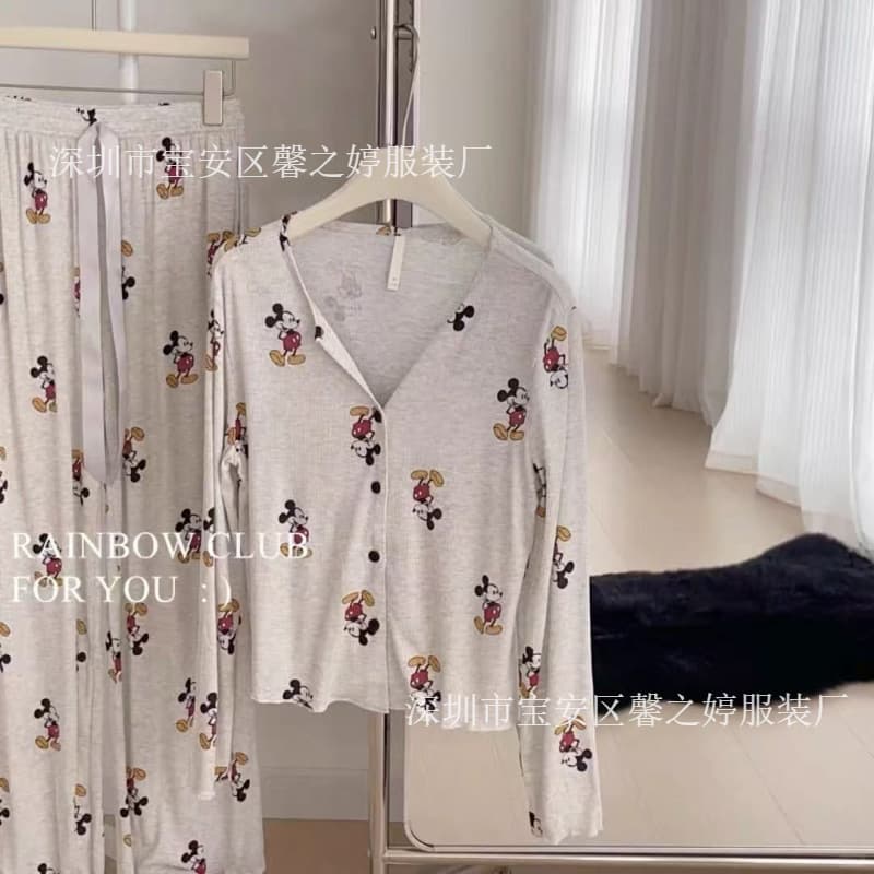 Spring New Ice Silk Threaded Long-Sleeve Long Pants Pajamas, V-Neck Cartoon Mickey-Style Loose and Cute Loungewear