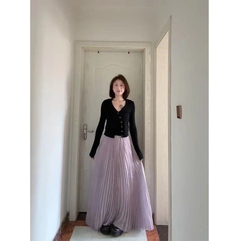 Purple skirt spring and summer new high-waisted new style for small people gentle pleated slim temperament loose long skirt with lining