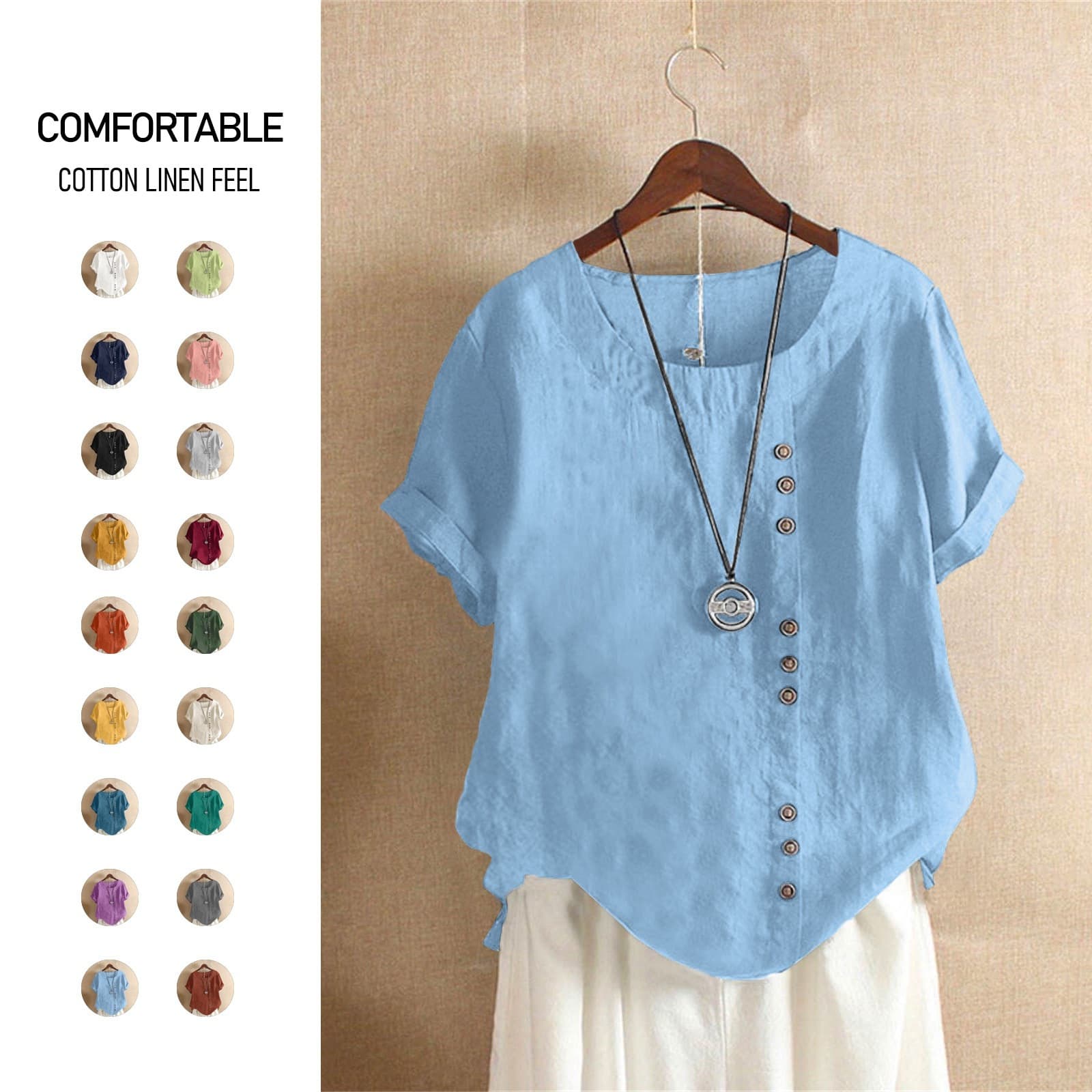 Cross-border Women's Cotton Linen Top Plus Size Casual Loose Cotton Linen T-Shirt Women's Plus Size Clothing AMZ