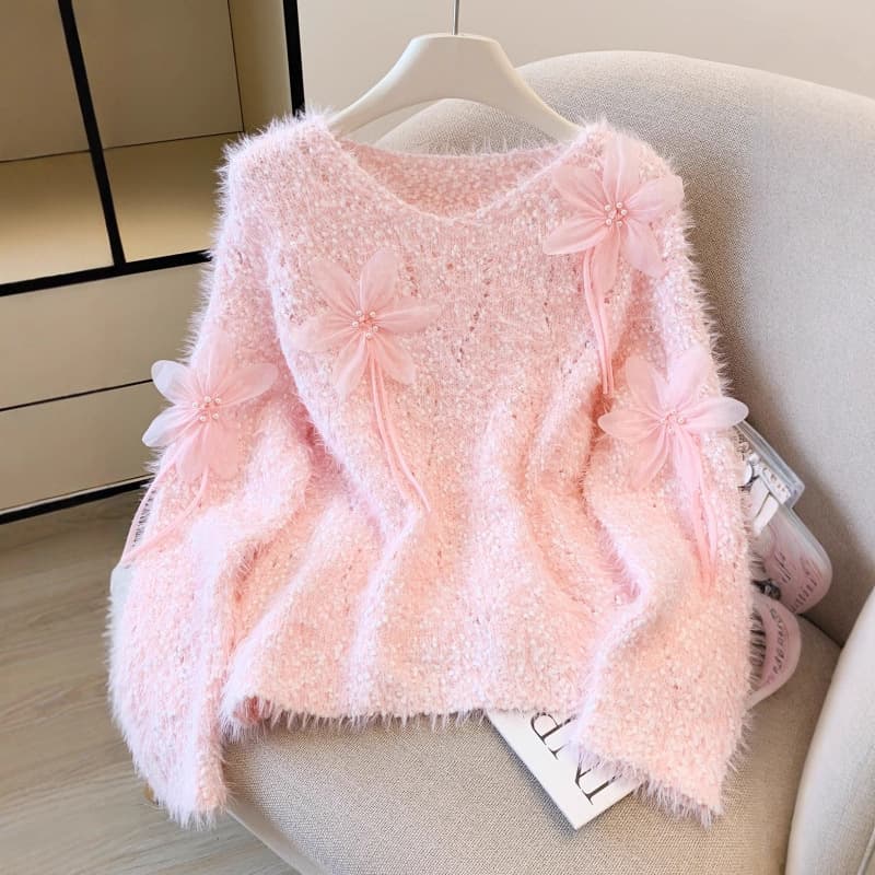 Faux Mink Velvet Soft V-Neck Pullover Knit Sweater for Women, Autumn/Winter French Design with Beaded Floral Detail
