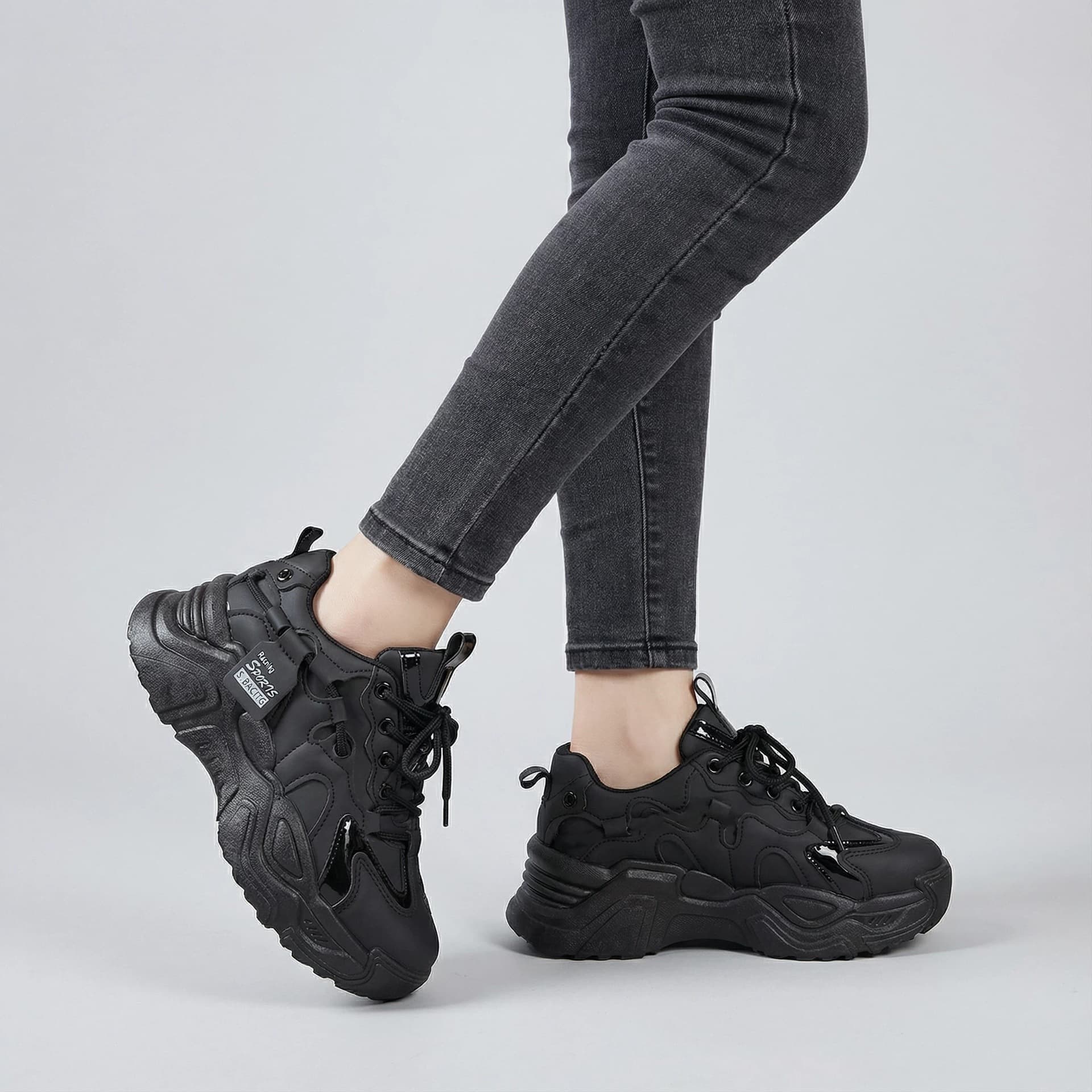 Women's Chunky Sneakers 2026 Spring New Leather Ins Fashion Black Thick Sole Platform Shoes