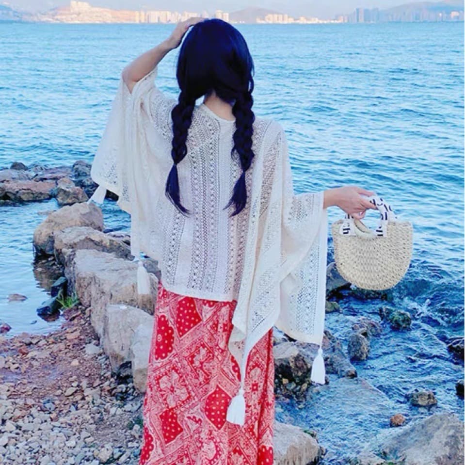 Retro ethnic style versatile hollow tassel cardigan sun protection shawl four seasons temperament niche shawl with cheongsam sun protection
