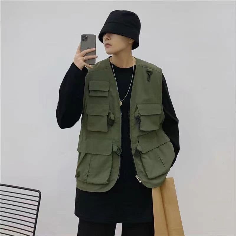 Japanese New Solid Color Vest Loose Utility Vest Autumn New Trendy Sleeveless Jacket