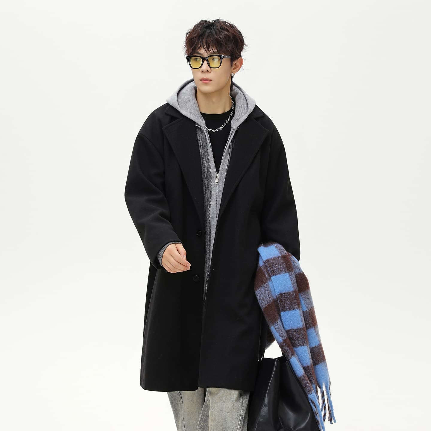 Mid-Length Textured Wool Overcoat Men Autumn/Winter New Heavyweight Thickened Tweed Trench Coat Loose Trendy Brand Turn-Down Collar Coat
