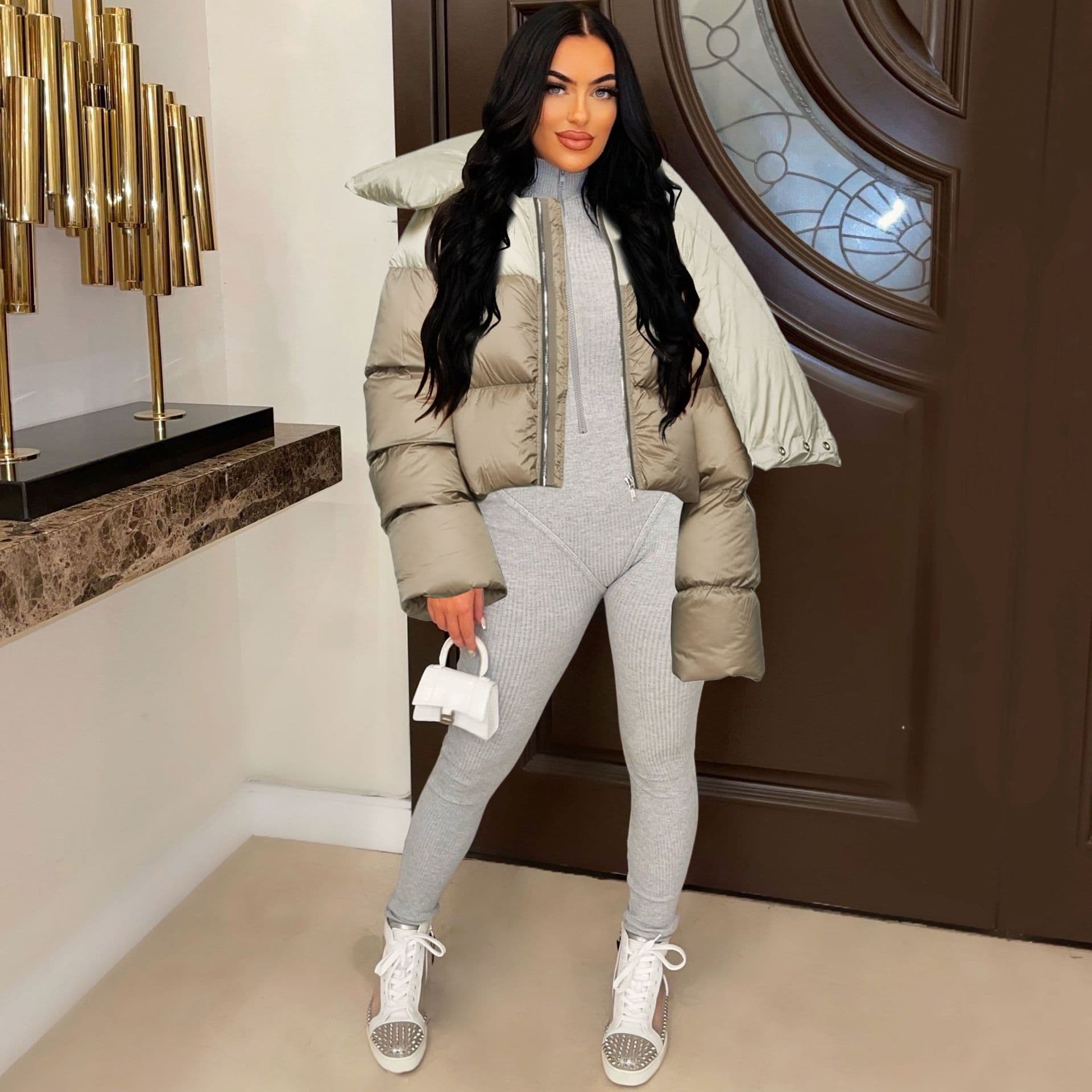 Fashionable High Collar Scarf Design Women's Cotton Jacket Coat Winter Style Zipper Closure Thickened Casual Comfortable Polyester