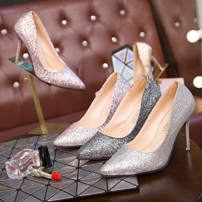 2026 Women's Single Shoes New Korean Style Pointed Toe High Heel Sequins Shallow Mouth Women's Shoes Slip-on One-step Women's High Heels
