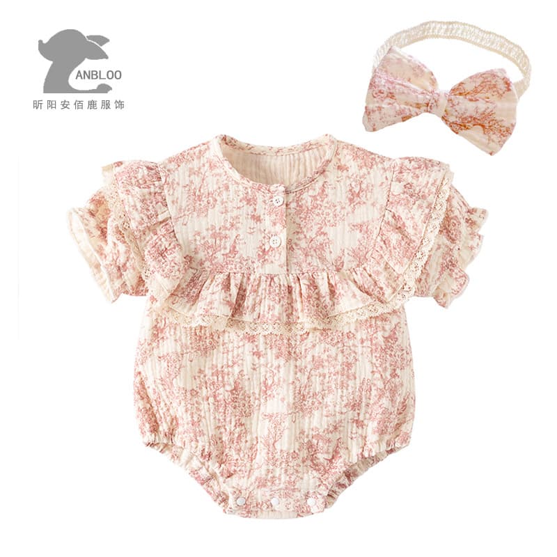 Cross-border newborn baby summer style Chinese style ink painting short-sleeved triangle bag fart clothes for baby girls pure cotton sweat-absorbent