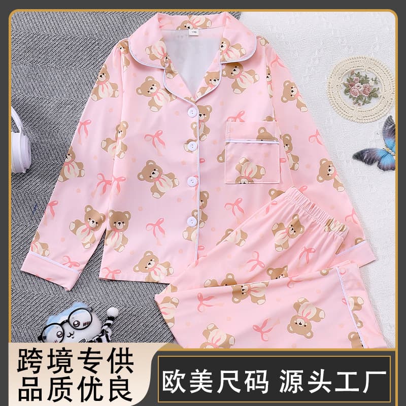 Long Sleeve Pants Girls Pajamas Cartoon Bear Print Kids Sleepwear Cross-border In Stock Safety Certified