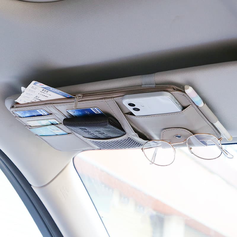Leather Car Visor Organizer with Card Holder and Glasses Clip, Multi-functional Automotive Interior Accessory