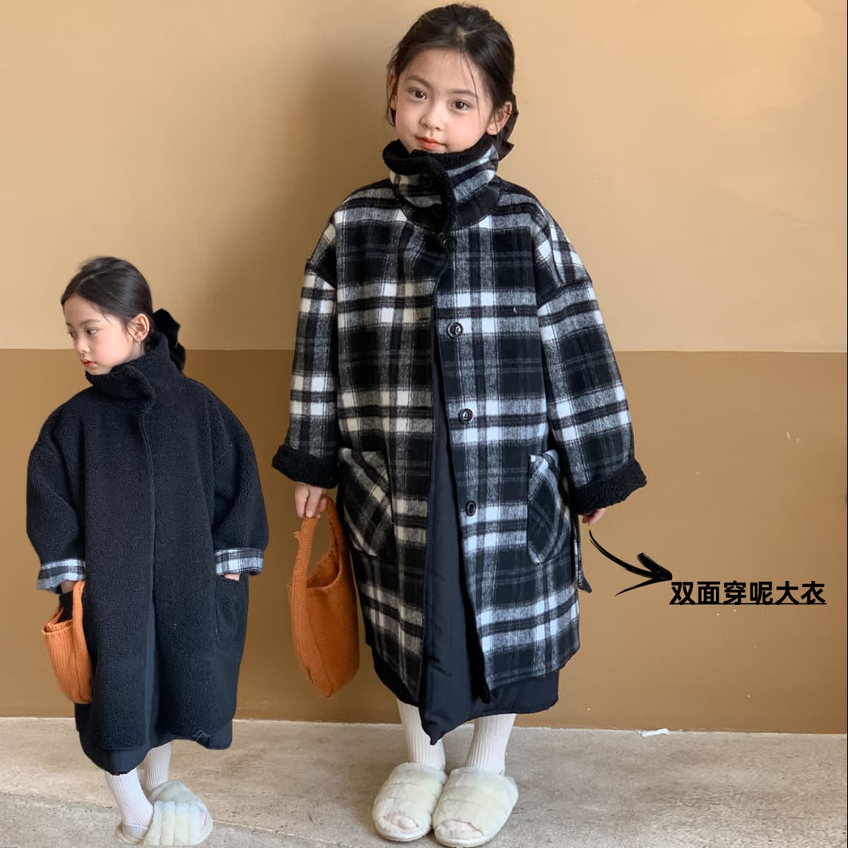 Girls Plaid Reversible Wool Coat 2024 Winter New Children's Warm Long Coat Baby Clothes