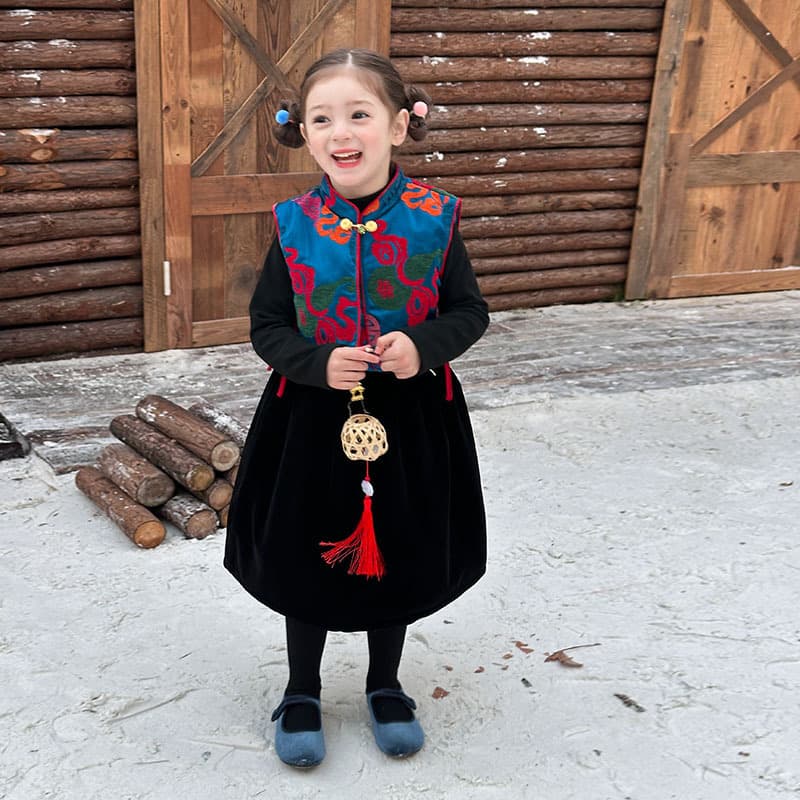 Elmo Baby New Year's Outfit ~ Girls' New Chinese Style Embroidered Satin Colorful Gourd Vest and Skirt Set