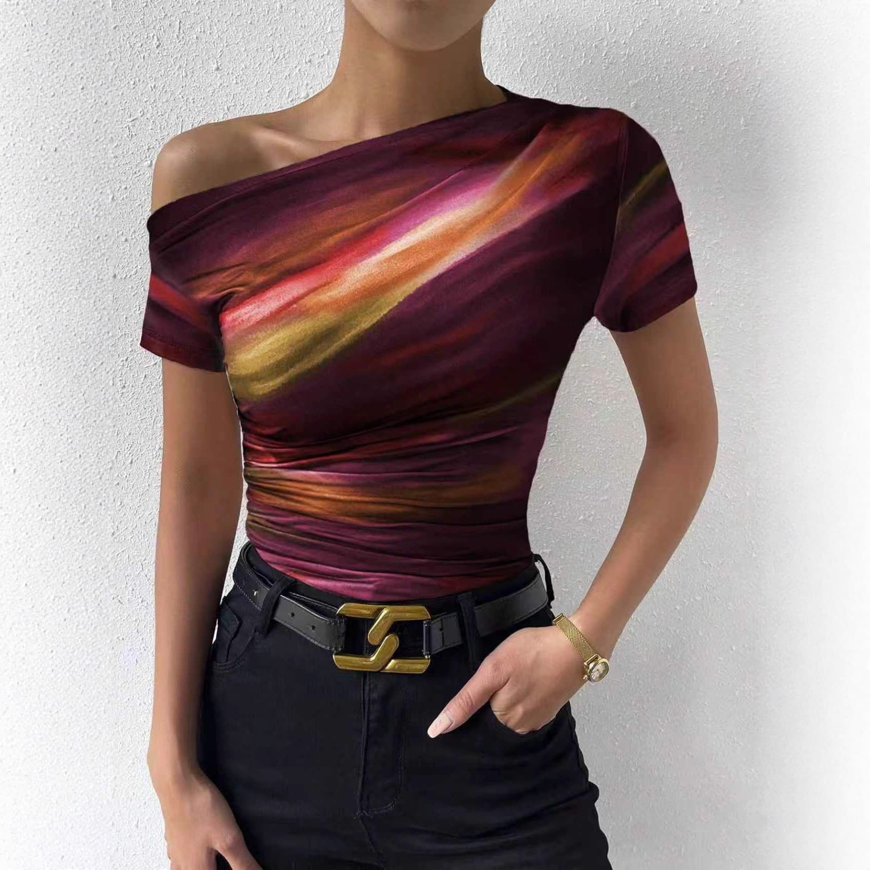 Cross-Border Amazon Xiyin AliExpress Women's Off-Shoulder Tie-Dye Short-Sleeve Pleated Summer T-Shirt Short Style