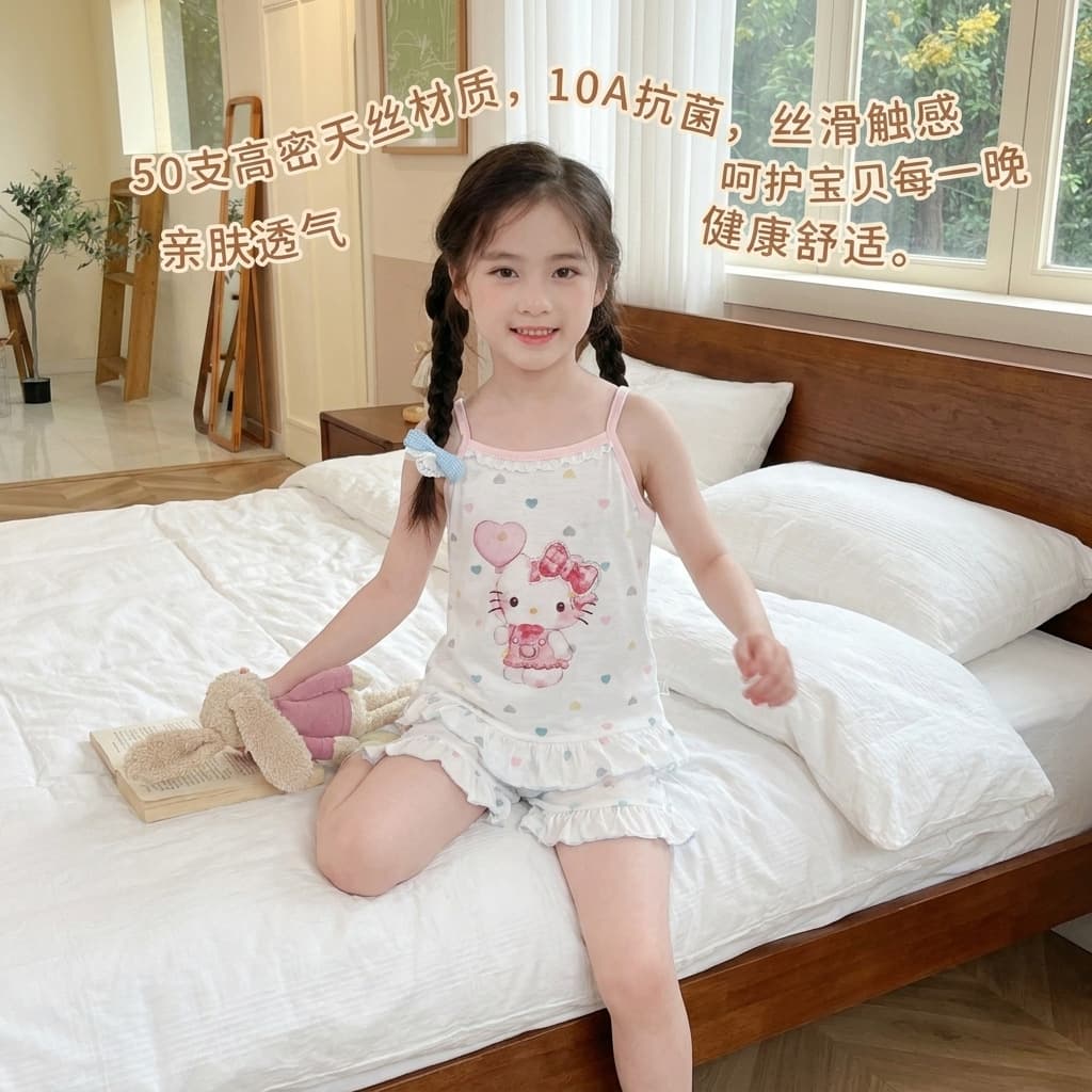 Qiqi Baby Children's Suspender Set Lyocell Tencel Lace Girls' Sleep Dress Summer Pajamas for Kids