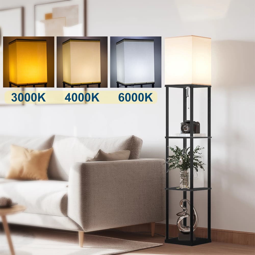 Black Floor Lamp with White Fabric Shade, Storage Shelf, Bookshelf, Zipper Switch, Square Column, Square Fabric Floor Lamp
