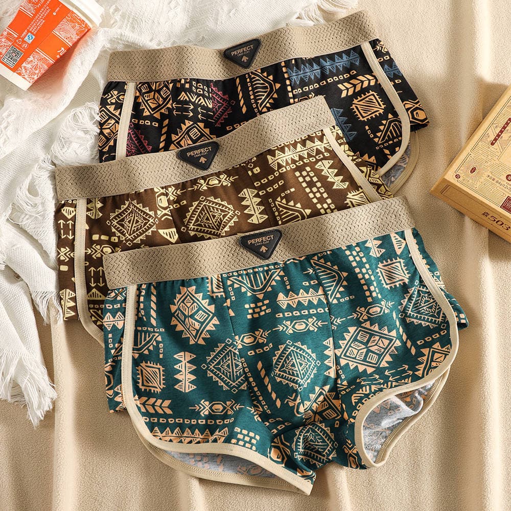 [Single Pack] American Retro Ethnic Style Men's Underwear Men's Pure Cotton Breathable Boxer Briefs Printed Boxer Briefs