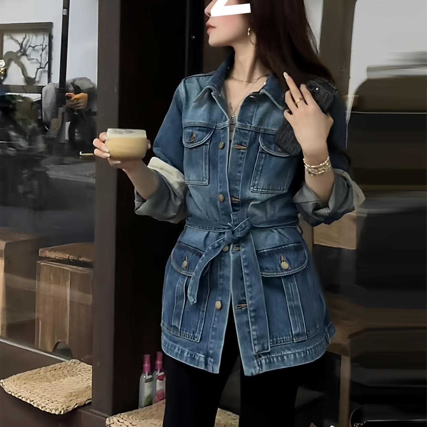 Hong Kong Style Vintage Lace-Up Waist Washed Denim Jacket for Women 2025 Autumn Casual Loose Long-Sleeved Coat