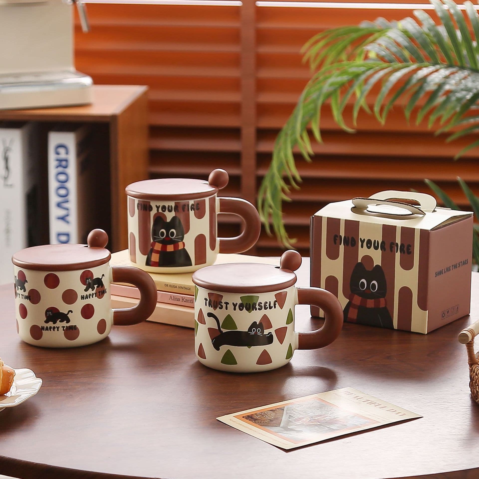 Cute Cat Ceramic Mug with Lid and Spoon, Porcelain Cup for Women, Home Water Cup, Office Coffee Mug, Gift