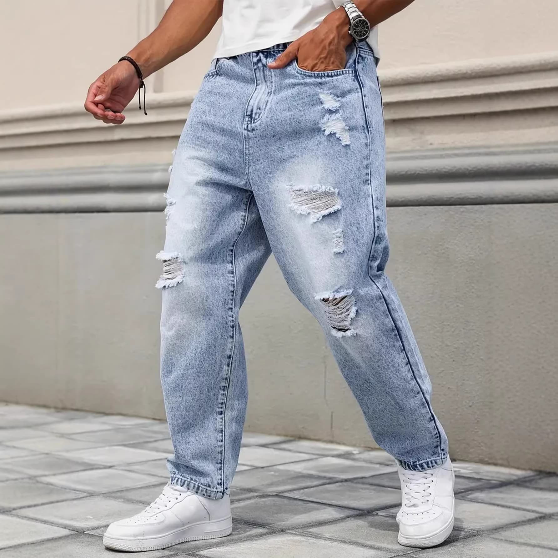 Men's Straight Leg Non-Stretch Jeans Light Blue Casual Biker Distressed Denim Pants