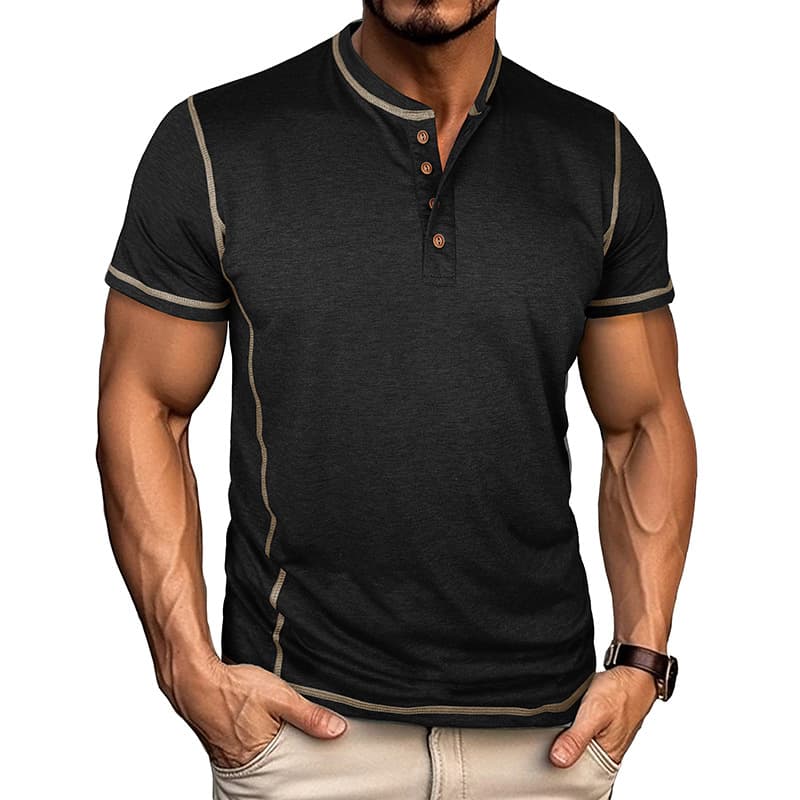 2026 Summer Export European and American Men's Short Sleeve Henley Shirt Amazon Cross-border Men's Round Neck T-shirt Color Block Top