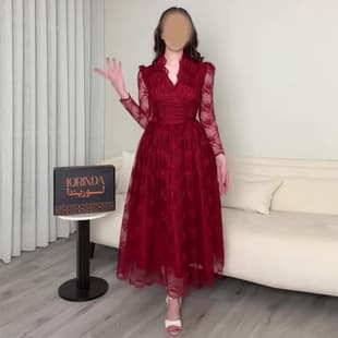 2026 Cross-border European & American Amazon Summer New V-Neck Lace Long Sleeve Red Elegant Waist-Tied Dress
