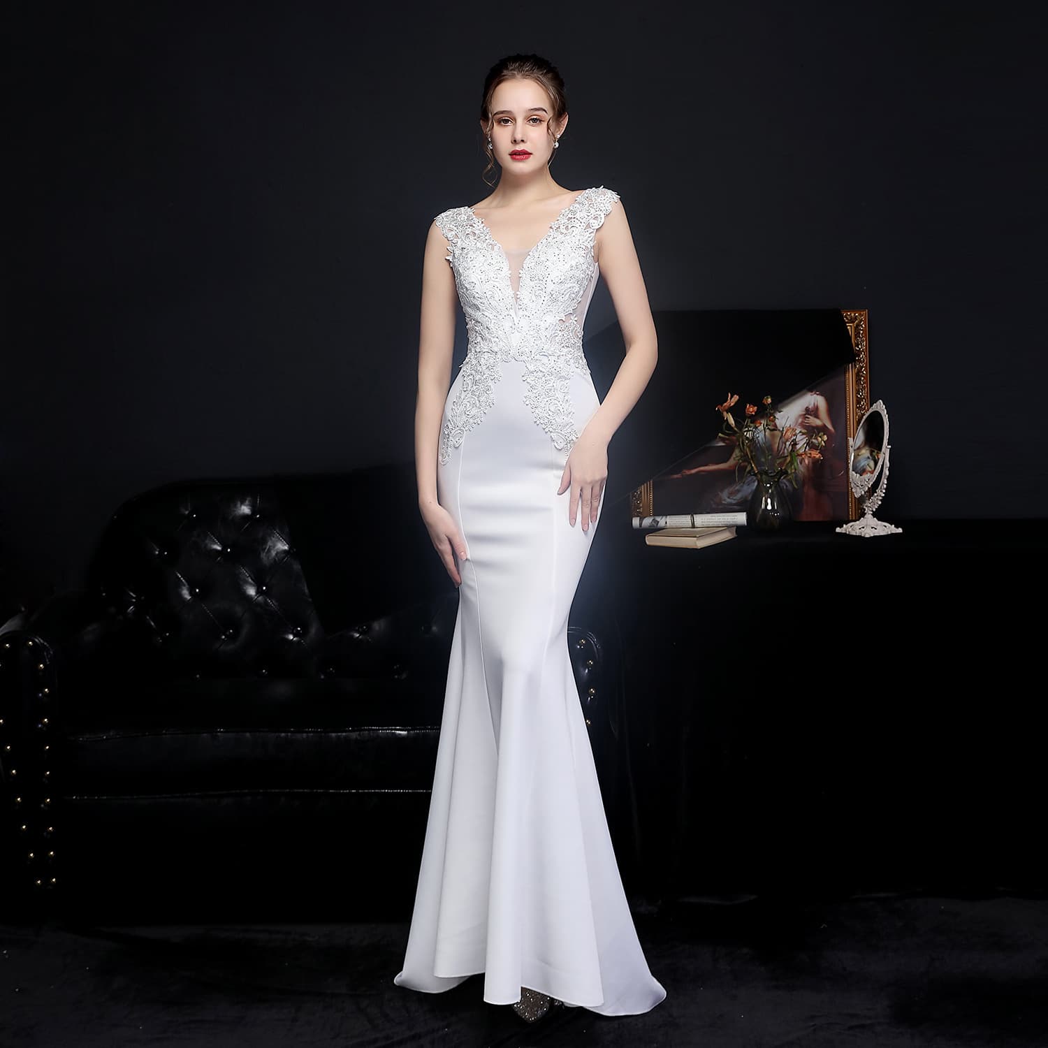 18660# Full-process Lace with European Rhinestone Toasting Dress, Long Bridal Thank-You Banquet Mermaid Gown Evening Dress