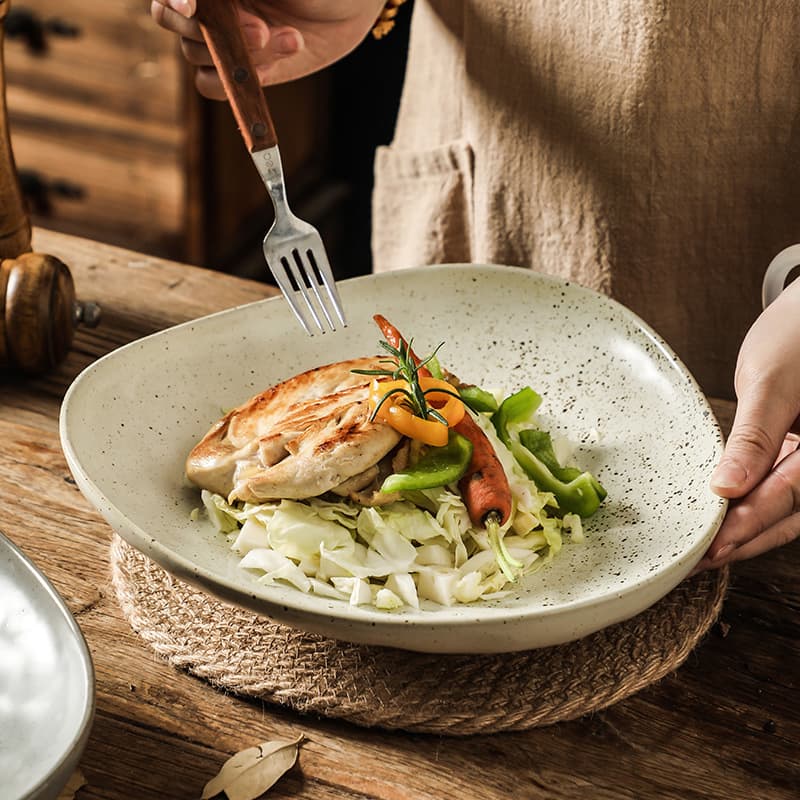 Wholesale deep dish Japanese style household ceramic salad bowl practical retro dinner plate soup plate dish plate tableware commercial stoneware