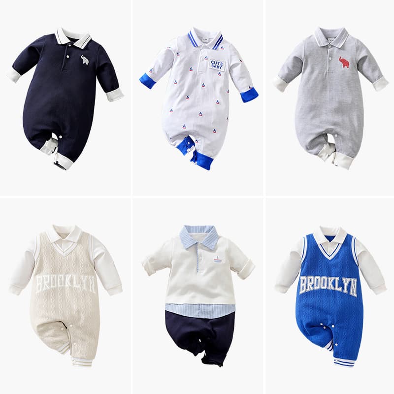 Baby Polo Shirt Long-Sleeve Campus Style Newborn Onesie for Boys, Korean-Style Spring/Autumn Romper