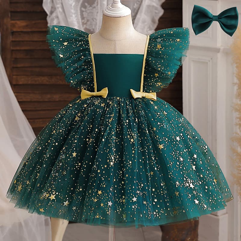 2025 Christmas New Arrival Girls' Formal Dress, Korean Style Flutter Sleeve Star Tulle Princess Dress, Children's Performance Costume
